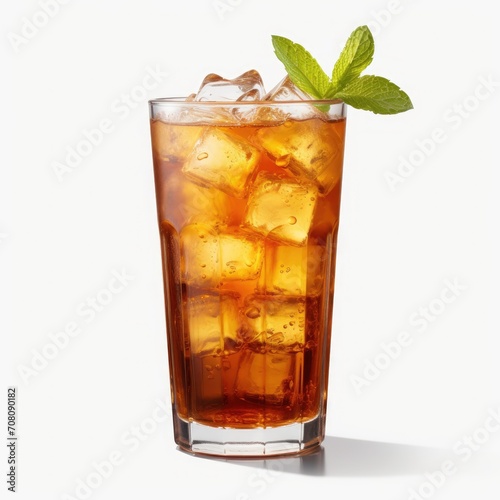 a close up of a glass of ice with a lemon and a slice of mint leaves on top of ice cubes with water and ice cubes on a white background.