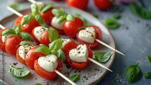 Valentine's Special, Heart-Shaped Caprese Salad Skewers with Cherry Tomatoes and Mozzarella.