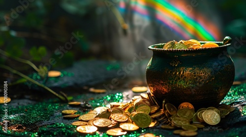 Leprechaun's pot of gold coins concept with a rainbow , Saint Patrick's Day background with copy space.