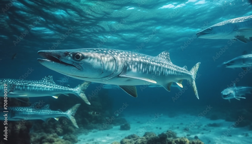 Majestic fish swim in the deep blue sea, underwater adventure generated by AI Majestic fish swim in the deep blue sea, underwater adventure generated by AI