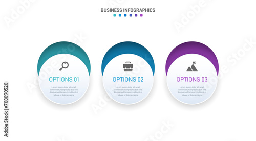Timeline infographic with infochart. Modern presentation template with 3 spets for business process. Website template on white background for concept modern design. Horizontal layout. photo