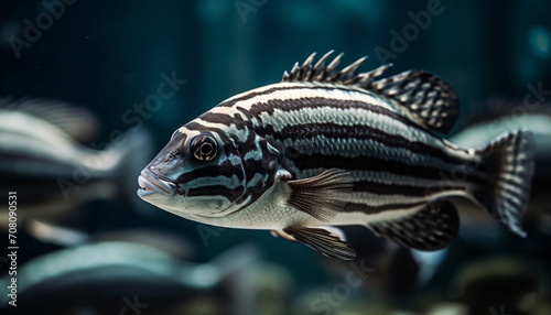 A striped zebra fish swims in a beautiful underwater reef generated by AI