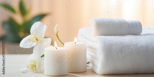 Serene spa arrangement of rolled white towels, flowers and lit candles. Zen spa arrangement, beauty and relaxation concepts.