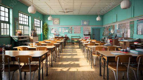 Interior Of A School Classroom With Desks, Chairs And Posters On The Walls