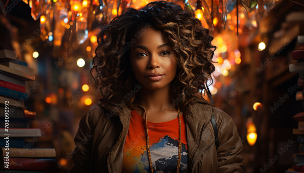 One young woman smiling, looking at camera, illuminated at night generated by AI One young woman smiling, looking at camera, illuminated at night generated by AI