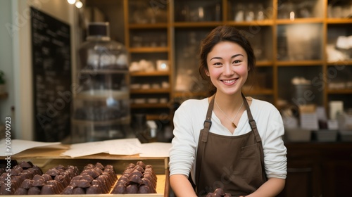 A joyful young woman wearing a white shirt and brown apron stands proudly in her chocolate shop, showcasing an array of gourmet treats photo