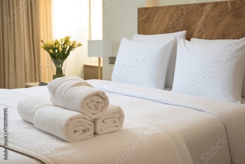 Clean fresh white towels on a double bed in a hotel room with white linens and sunlight coming from a window. Hotel service concept