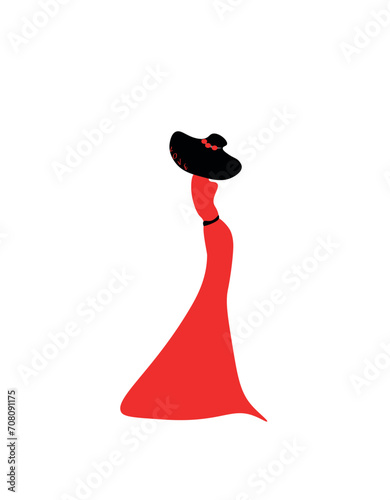 Woman red dress with abstract paint splash flat. Lady in red. Vector drawing a beautiful lady in a red dress and a hat with a feather. Stylized woman with hut and red dress vector illustration EPS10