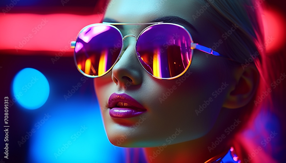 Young adult woman in fashionable sunglasses and lipstick generated by AI