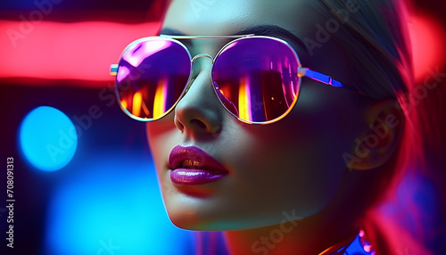 Young adult woman in fashionable sunglasses and lipstick generated by AI