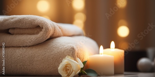Zen spa arrangement of light brown rolled towels, flowers and a lit candle. Beige spa arrangement, beauty and relaxation concepts.