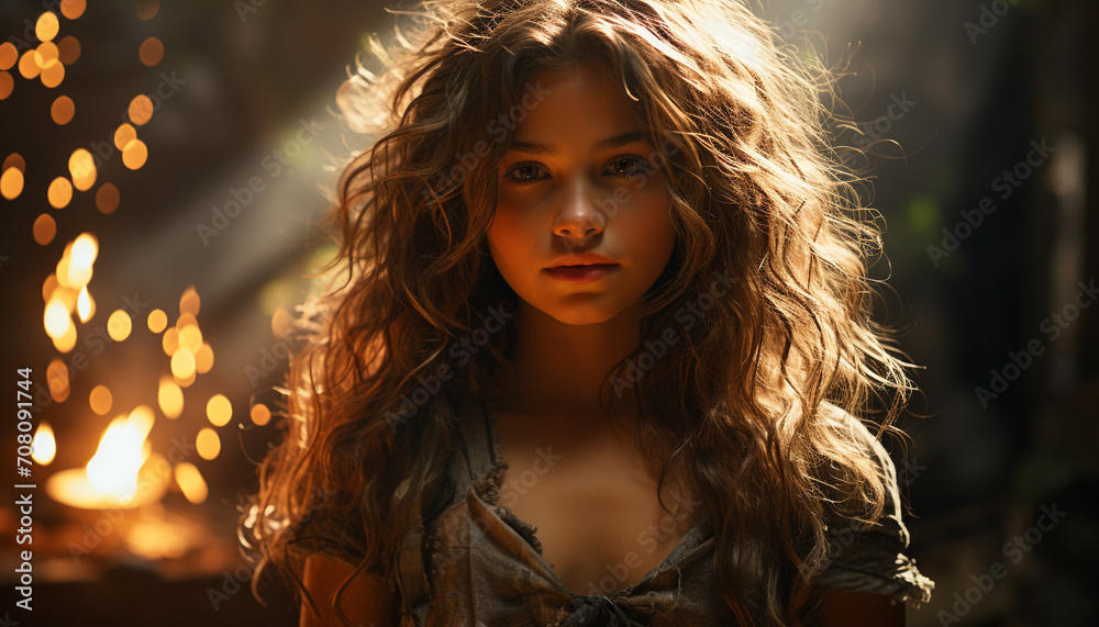 One young woman, outdoors, looking at camera, smiling, beautiful generated by AI