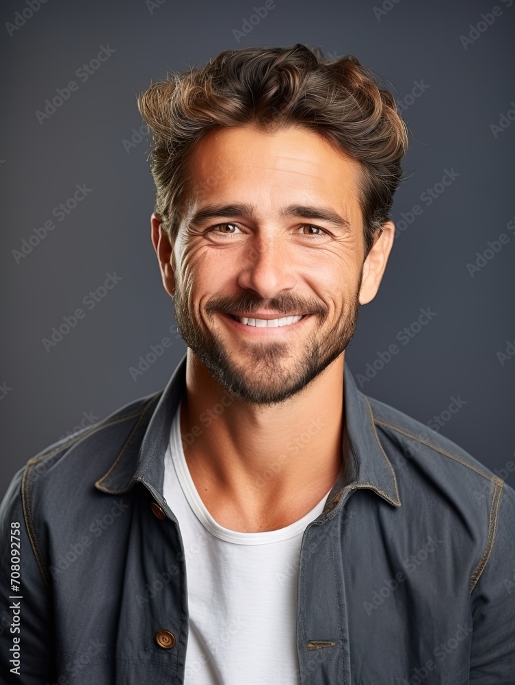 Handsome bearded man smiling on gray background, happy man Handsome bearded man smiling on gray background, happy man