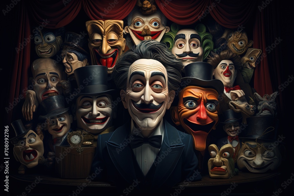 Theater poster with actors in masks with different emotions
