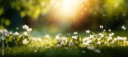 Spring background with grass and white flowers in the forest on a meadow on a sunny day on a blurred background © Iryna