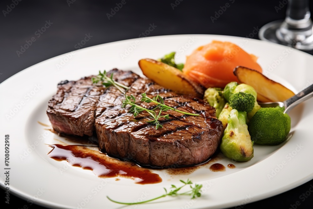 Grilled steak with vegetables on a plate on a dark background Grilled steak with vegetables on a plate on a dark background