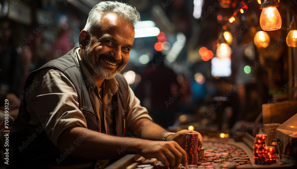 A smiling man holds candle, celebrating craft with confidence generated by AI