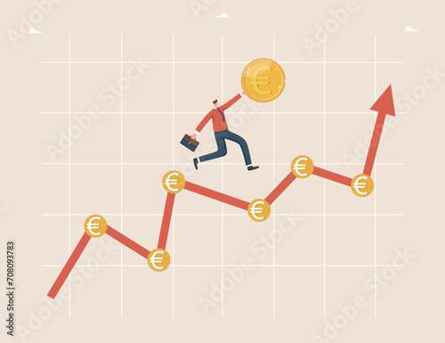 Increasing income and wages, financial growth, improving the economy, profitability of the investment portfolio, promoting business to a new level, man with coin runs in ascending arrow with euro.