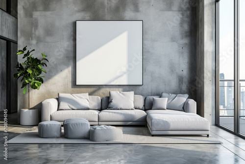 Minimalist 3D Rendered Contemporary Interior with Blank Wall, Comfortable Sofa, and Decor