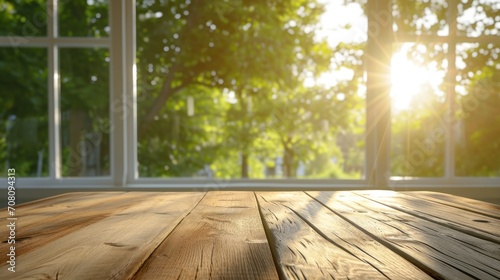 Serene Nature View  Wooden Table by Window  Blurred Sunlit Trees. Home Decor and Indoor Sunlight