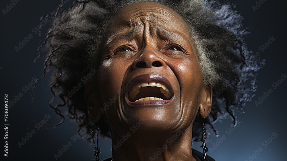 African sad senior woman crying, black background African sad senior woman crying, black background