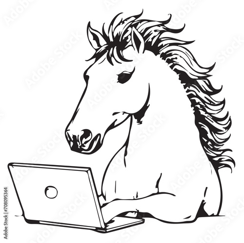 Black and white vector flat illustration: office horse is working on computer, lineart for coloring books