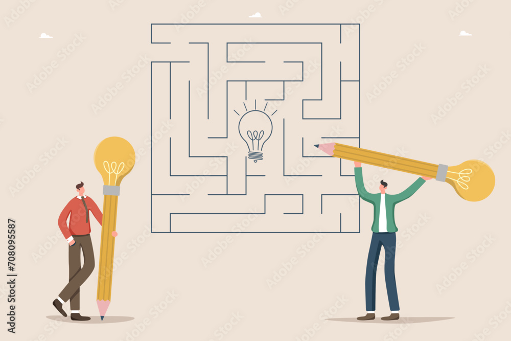 Collaboration and teamwork in search of new creative ideas, thought process and logic as key to success, solving complex problems, brainstorming to create innovations, men go through maze to get idea. Collaboration and teamwork in search of new creative ideas, thought process and logic as key to success, solving complex problems, brainstorming to create innovations, men go through maze to get idea.