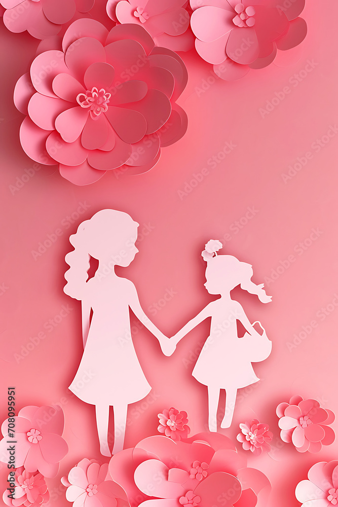 Silhouettes of Mother and Daughter with Flowers. Silhouettes of mother and daughter holding hands against a backdrop of stylized pink flowers and hearts create a warm, loving Mother's Day atmosphere. Silhouettes of Mother and Daughter with Flowers. Silhouettes of mother and daughter holding hands against a backdrop of stylized pink flowers and hearts create a warm, loving Mother's Day atmosphere.