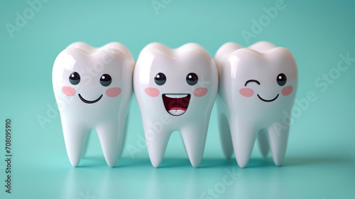 Toothful Delight: Bright Picture of Cute and Smiling Tooth Characters on a Turquoise Background