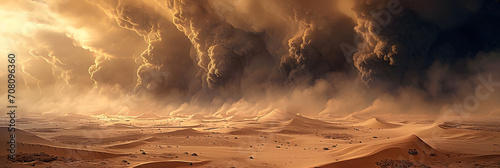 Desert landscape, sandstorm, sand morch, dramatic cloudy sky, unreal world, apocalypse. 3D illustration photo