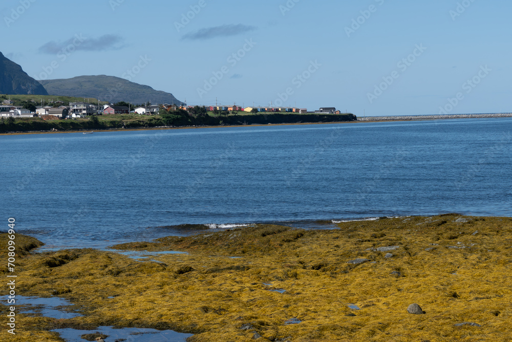 Gros Morne National Park, a Canadian national park and World Heritage Site in Newfoundland. Salmon Point on Rocky Harbor with brightly painted wood houses. 