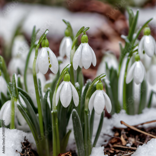 Snowdrops blossom on the moist soil, showing their white and green colors in contrast with the melting snow.
