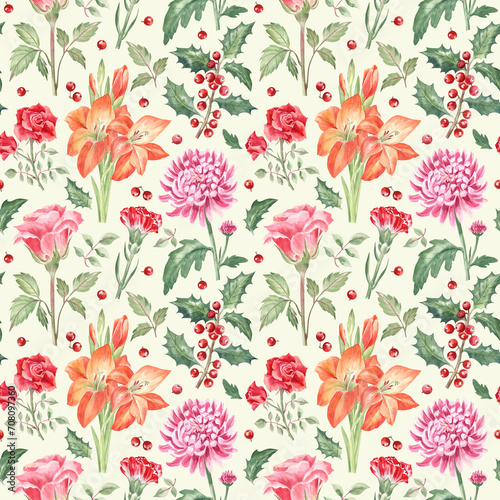 Floral pattern with the roses, chrysanthemums, gladioluses, carnations and holly on a light yellow background. Elements are painted with watercolors. For fabric, home textile, wallpapers, packaging