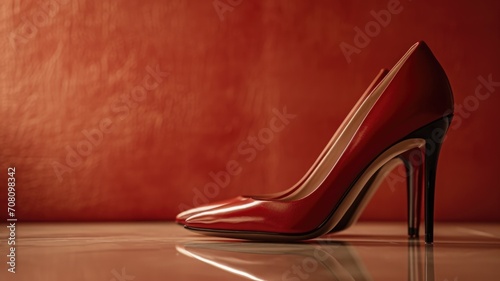 pair of sophisticated red high-heeled women's shoes in Old Money Aesthetic style stands on a glossy marble floor