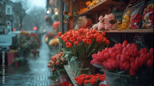A vibrant flower shop showcasing a variety of red and orange flowers  creating a colorful and inviting display.