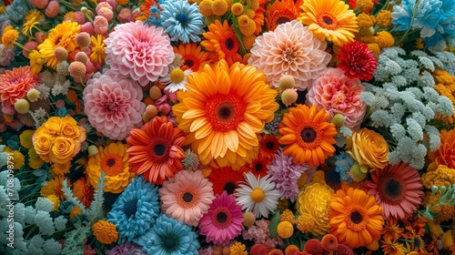 A group of flowers of different colors on top of each other.