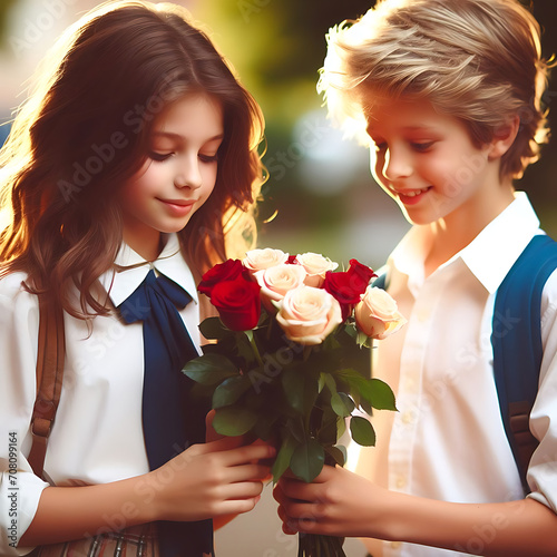 joven regala flores a su pareja colegio  photo