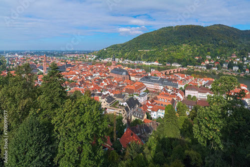 Heidelberg, Germany. High angle view over the Heidelberg Old Town with Jesuit Church, Church of the Holy Spirit and Old Bridge (Karl Theodor Bridge) across the Neckar river.