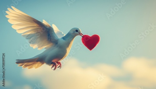 flying white dove holding a medium sized heart with its claws
