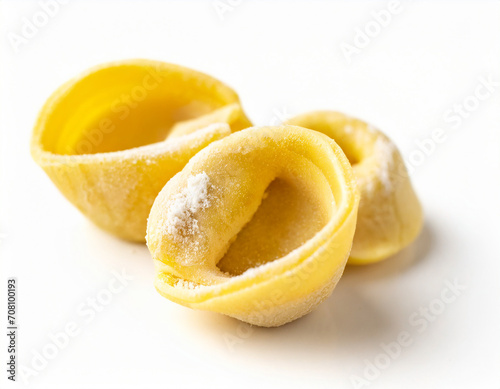 Tortellini Italian pasta isolated on a white background, close-up.
 photo