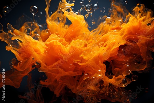 Fiery orange and deep indigo liquids intertwining with explosive force, creating a dramatic and vibrant spectacle, as seen through the lens of an HD camera