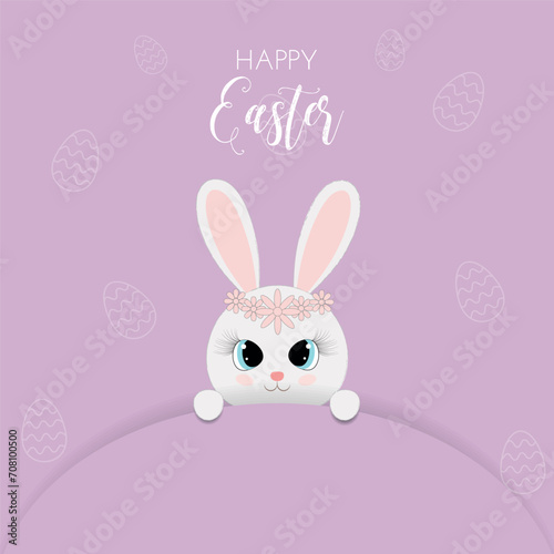 Easter card with cute bunny, rabbit on  violet background with easter eggs. Banner template, flyer, cover, poster, social media