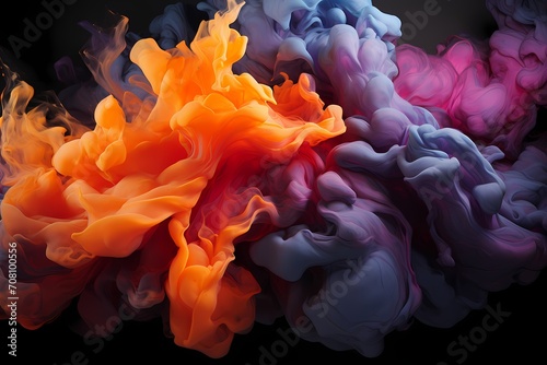 Fiery orange and deep purple liquids meet with explosive force, generating a dramatic and vibrant abstract composition that captivates the viewer
