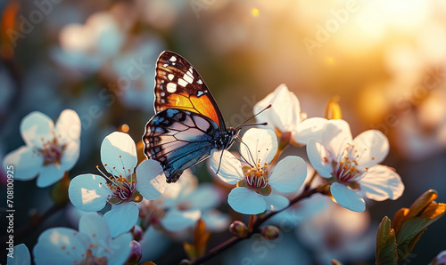 A delicate butterfly perches on white spring blossoms against a soft-focus background, with warm sunlight filtering through, evoking a tranquil and harmonious nature scene