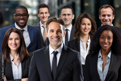 Business, people and teamwork concept - group of smiling businesspeople over office background