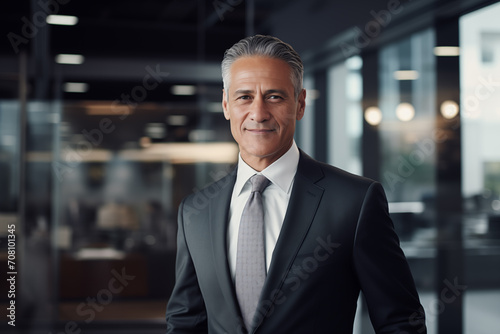 Portrait of confident mature businessman in suit looking at camera in office