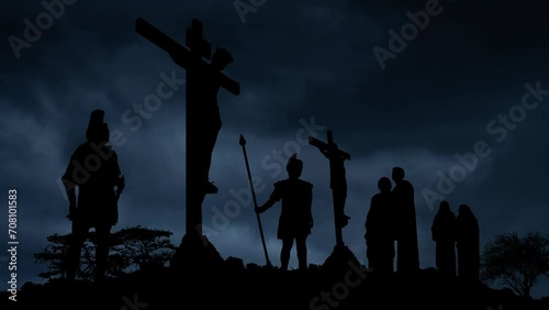 Lightning an Thunderstorm flash over Bible scene of Jesus Christ Crucifixion on Calvary Mount