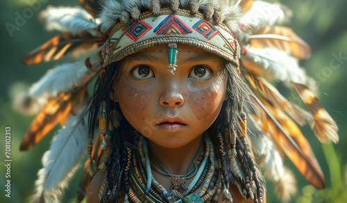 Close Up of Child Wearing Headdress. A young child up close, wearing a traditional headdress.