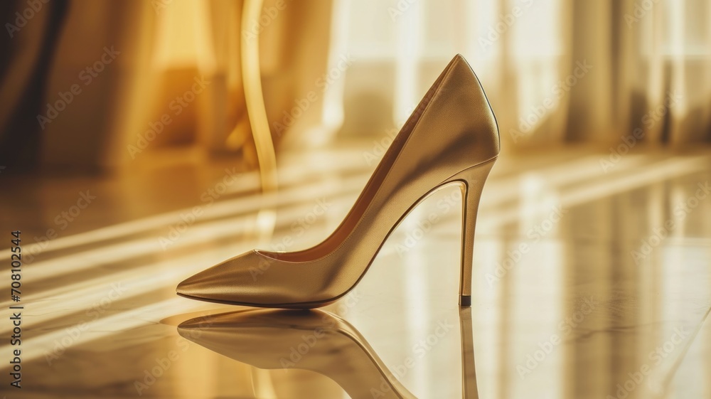 pair of festive gold-colored high-heeled women's shoes in the Old Money Aesthetic style stands on a glossy marble floor