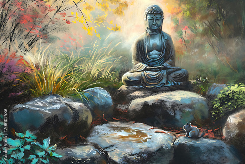 Serene Morning  Buddha Statue with Pastel Dawn. The serene Buddha statue is surrounded by lush foliage and stands in the middle of the morning garden at sunrise. Pastel chalk illustration